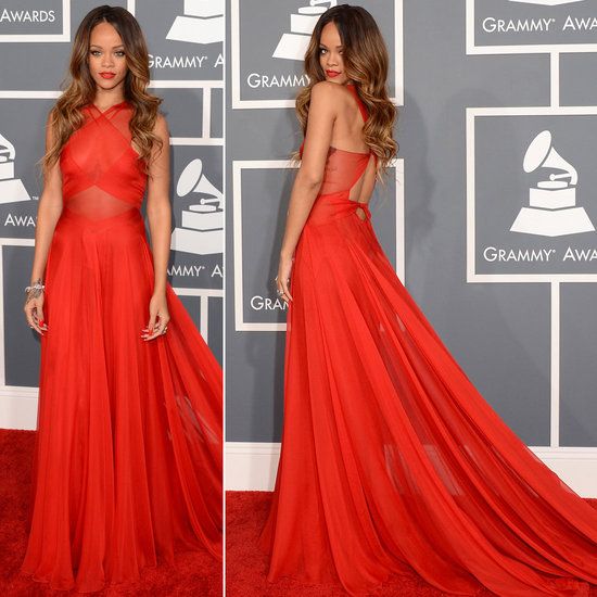Rihanna floor sweeping red gown