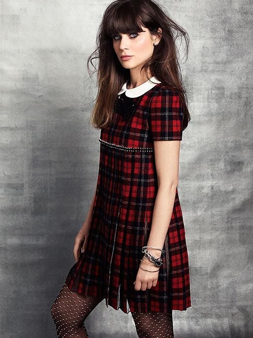 zooey deschanel marie claire photoshoot mini dress patterned tights autumn celbrity looks