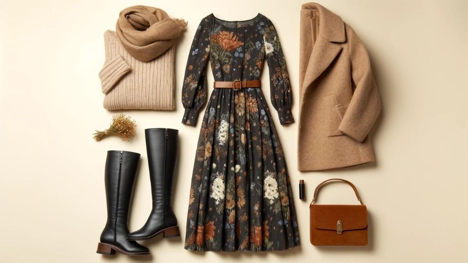 Woman in an urban setting, showcasing midi dress autumn styling