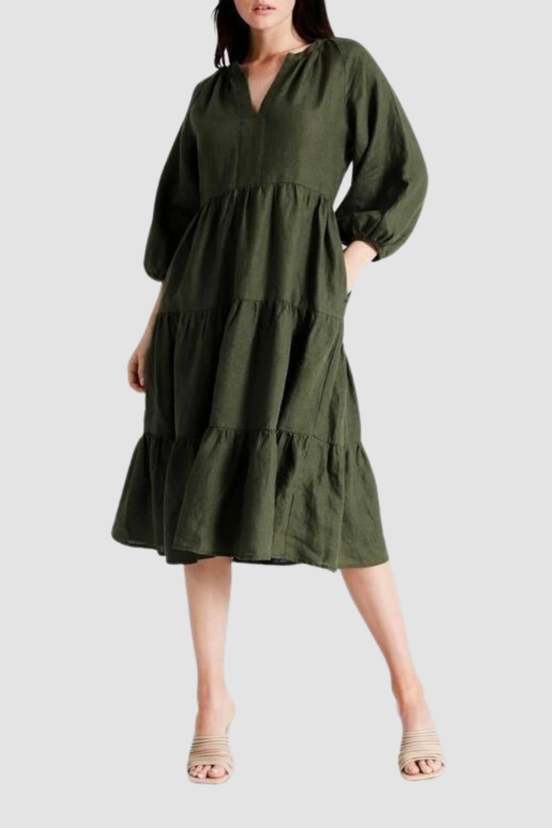 Buy Tiered Puff Sleeve Linen Midi Dress in Khaki Basque GlamCorner