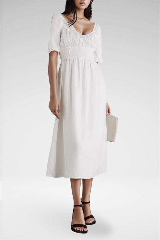 FAITHFULL THE BRAND Shay Shirred Linen Midi Dress in White