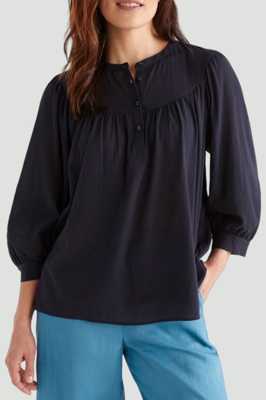 Australian Cotton Yoke Blouse in Black