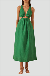Mare V Neck Cut Out Midi Dress in Green