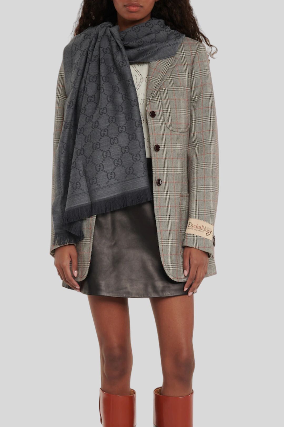 Gucci Double Jacquard Grey Wool Scarf