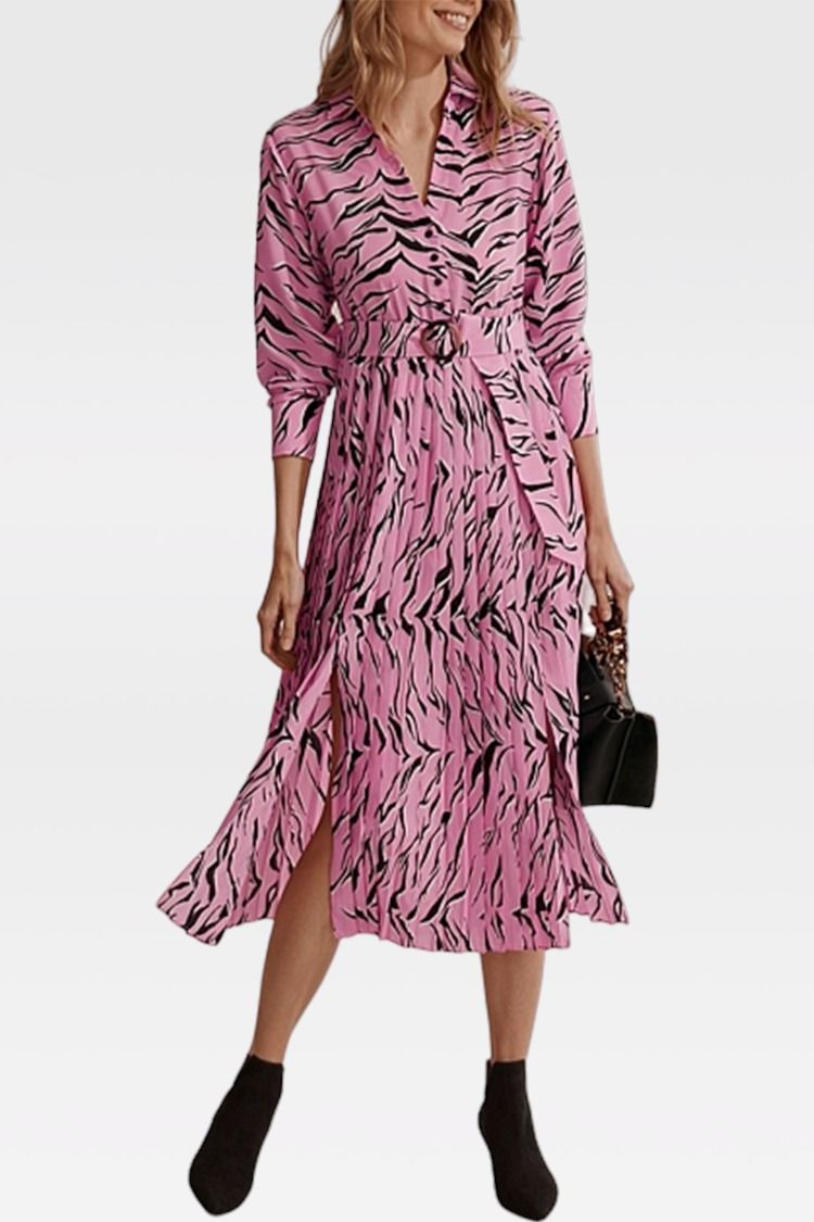 Country Road Leopard Print Pleated Shirt Dress in Pink