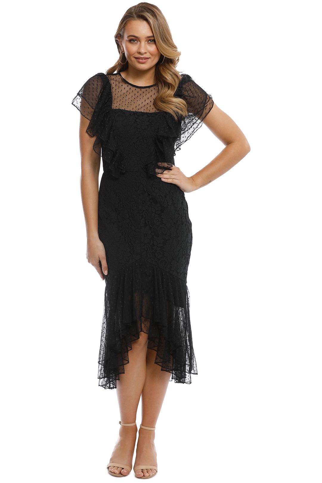 Rosie Lace Ruffle Dress in Black by Cooper St for Rent