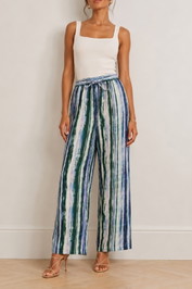  Dress Hire Brunch Venroy Printed Linen Wide Leg Pant - Green Painted Stripe