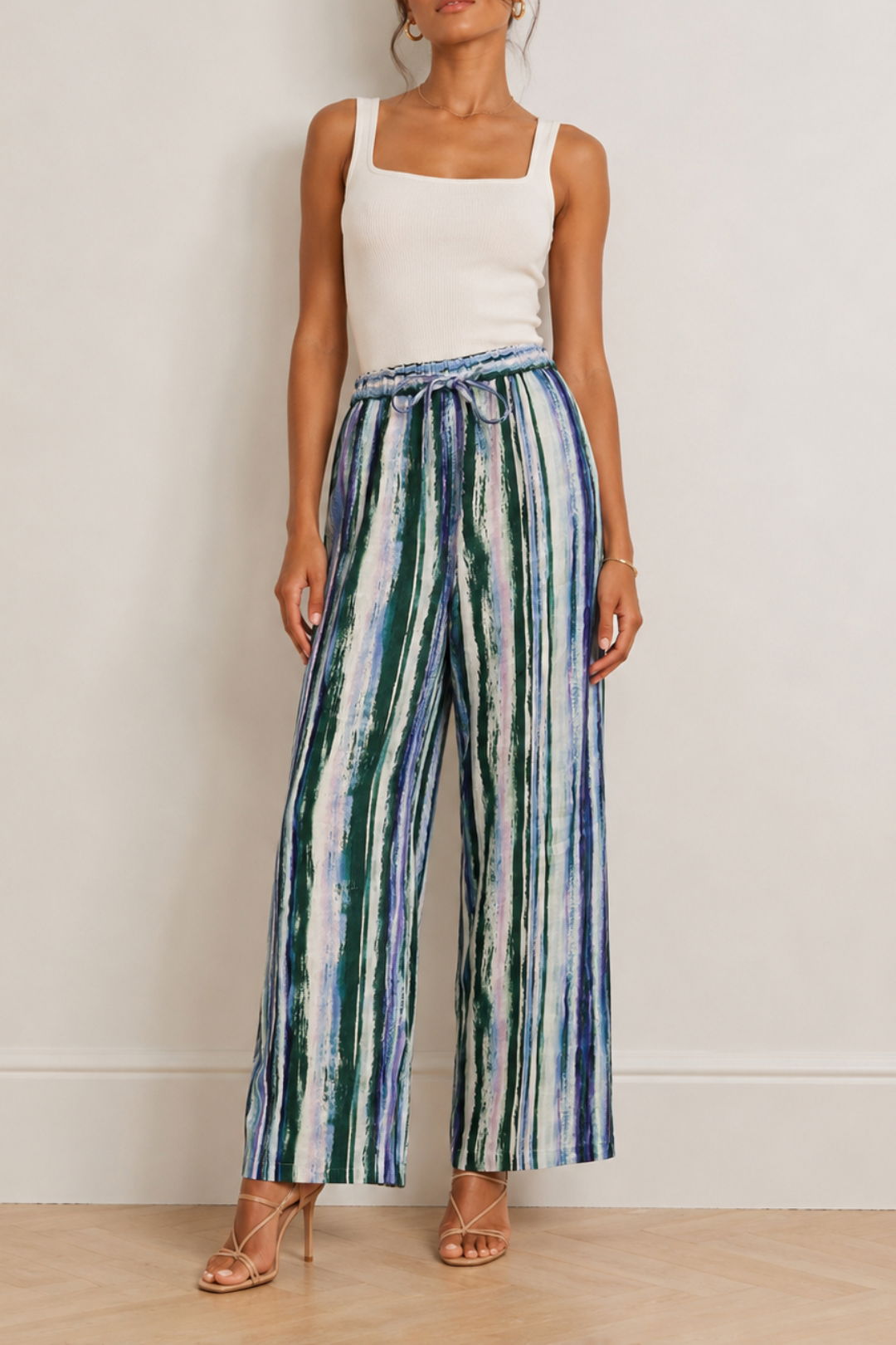  Dress Hire Brunch Venroy Printed Linen Wide Leg Pant - Green Painted Stripe