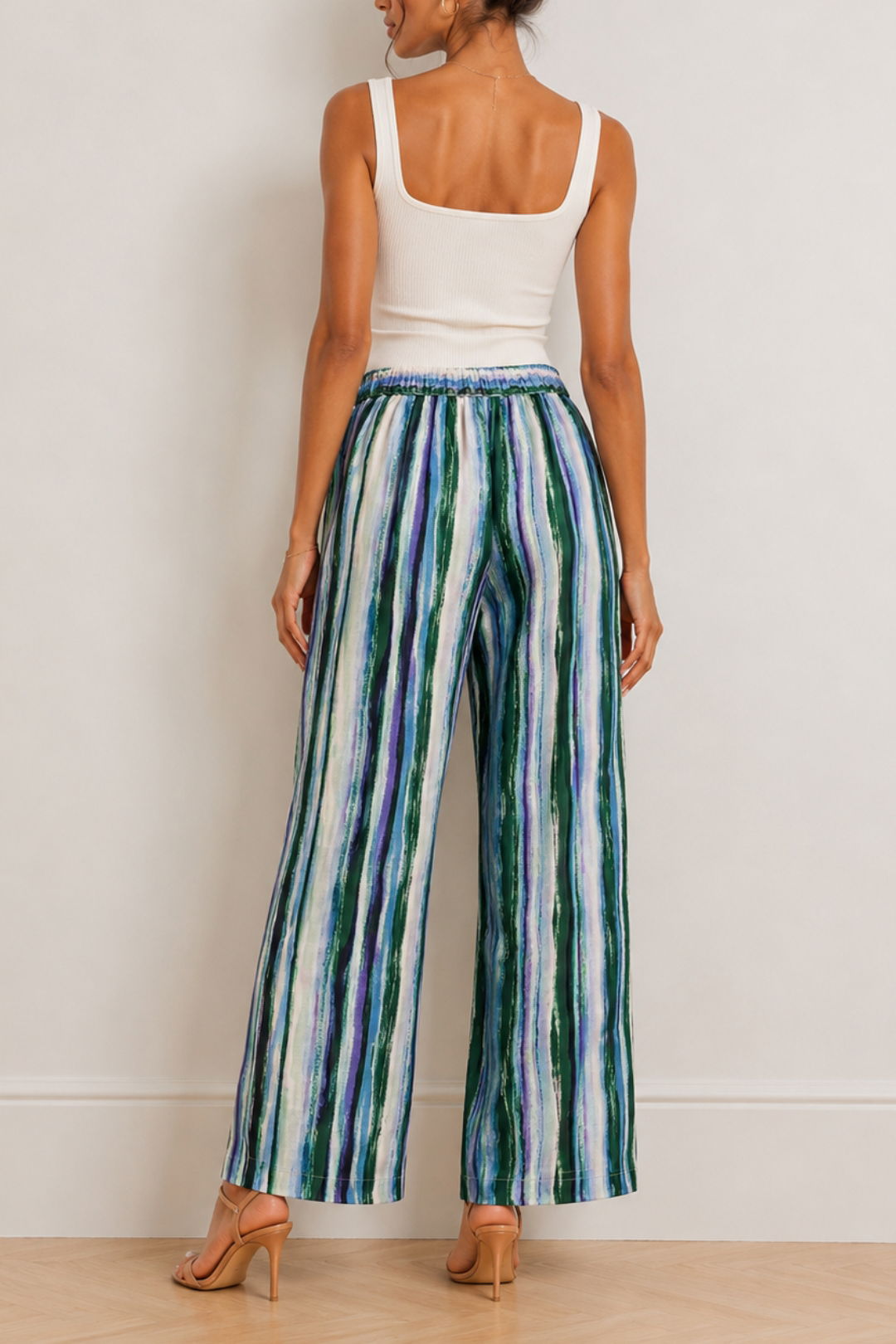  Dress Hire Brunch Venroy Printed Linen Wide Leg Pant - Green Painted Stripe