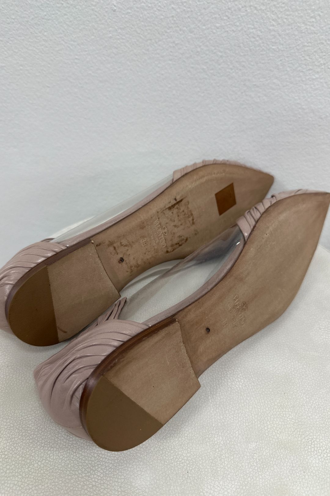 Nude Leather and PVC B Drape Pointed Toe Ballet Flats