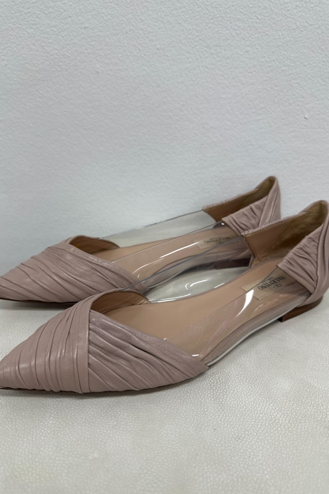 Nude Leather and PVC B Drape Pointed Toe Ballet Flats
