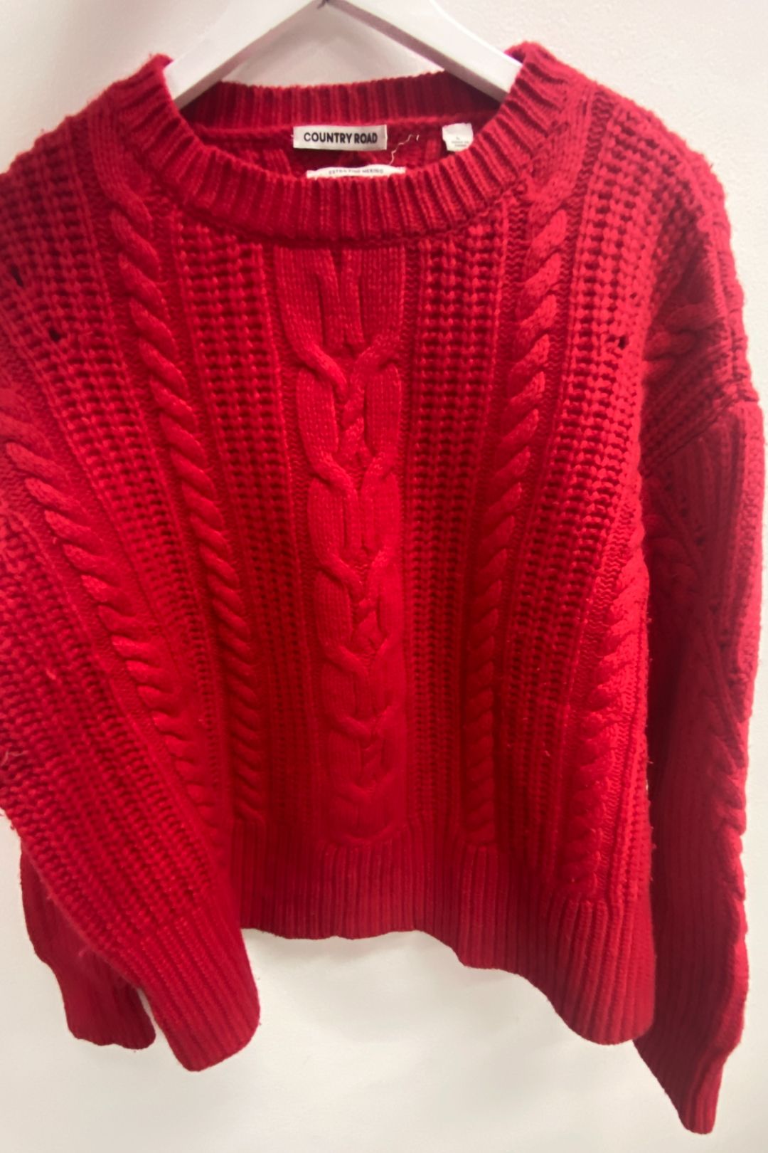 Country Road Red Merino Wool Cable Swing Knit Jumper