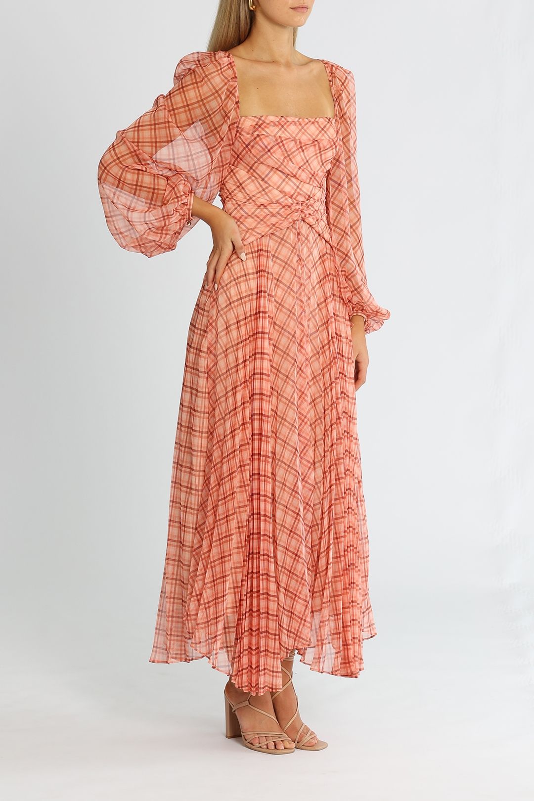 Acler Mattison Dress Peach Plaid Balloon Sleeves