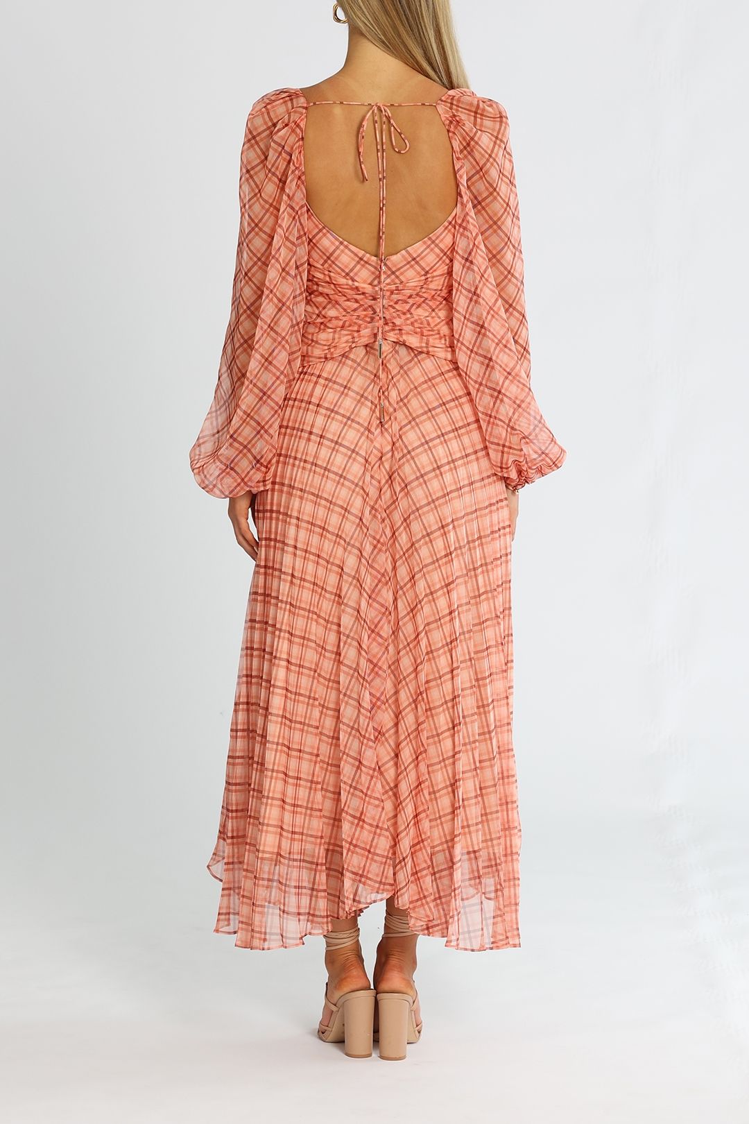 Acler Mattison Dress Peach Plaid Tie Neck