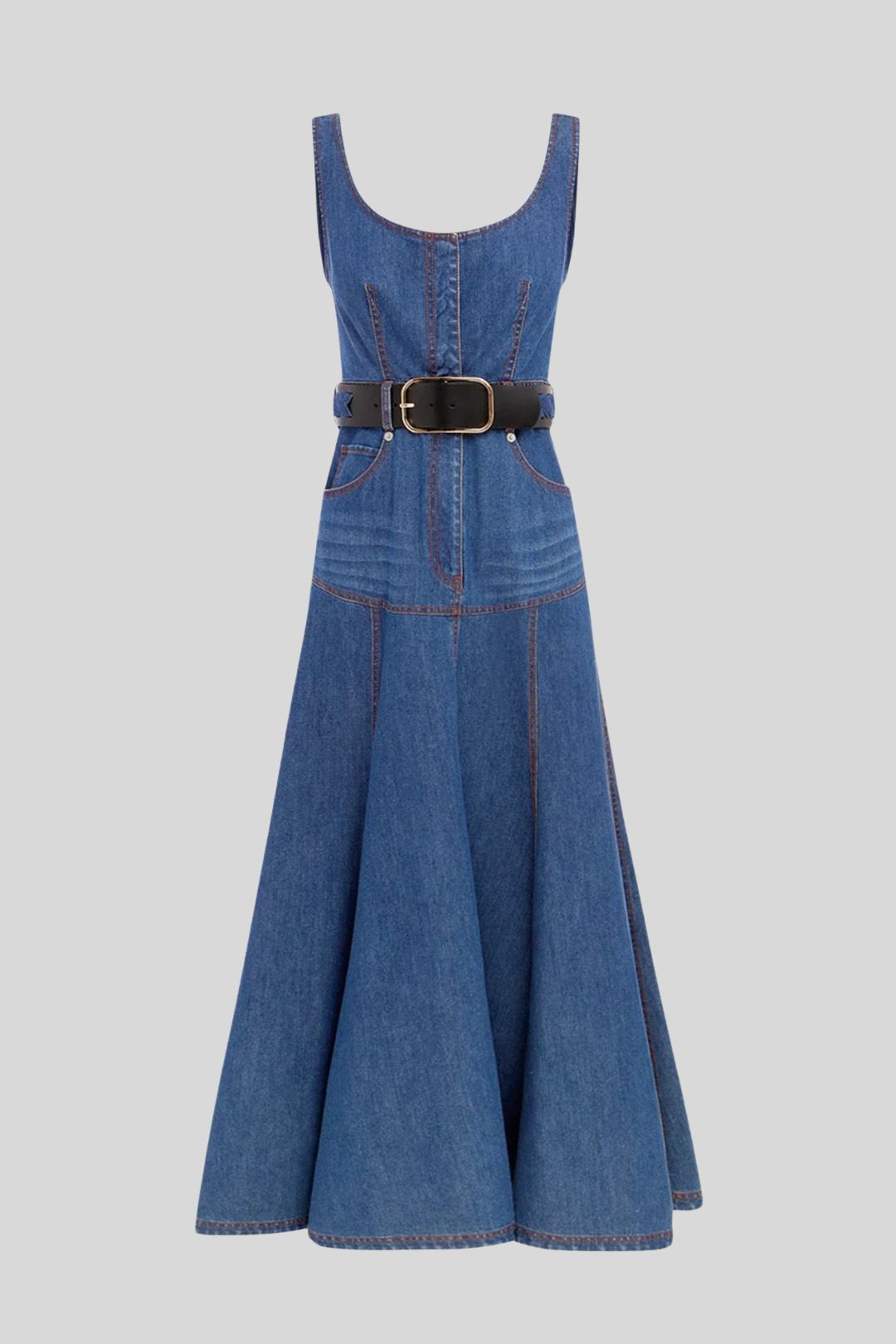 Low back denim dress shop