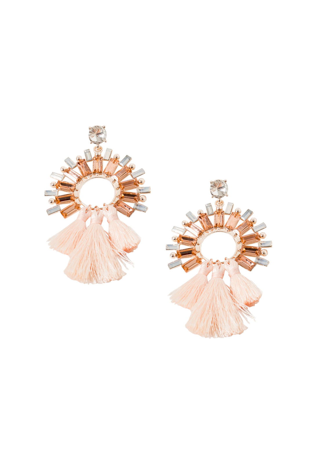 Adorne - Faced Glass Circle and Three Tassel Earrings - Rose Opal - Front
