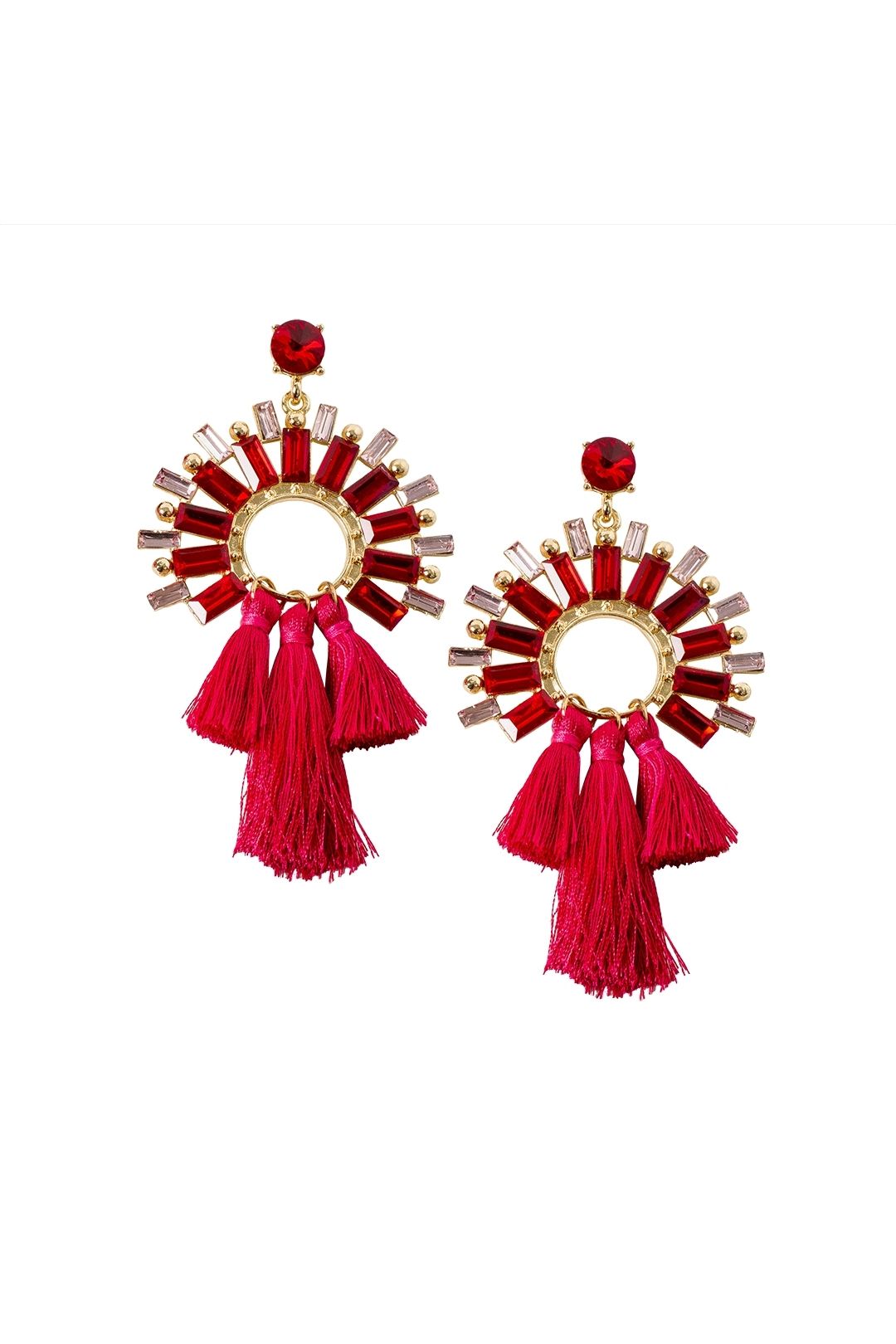 Adorne - Faceted Glass Circle and Three Tassel Earrings - Gold Red - Front