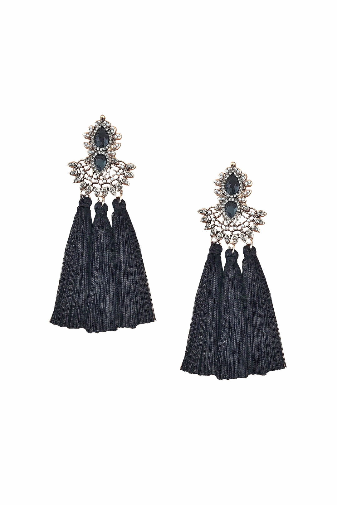 Adorne - Jewel Filigree Many Tassels Clip On Earring - Black - Front