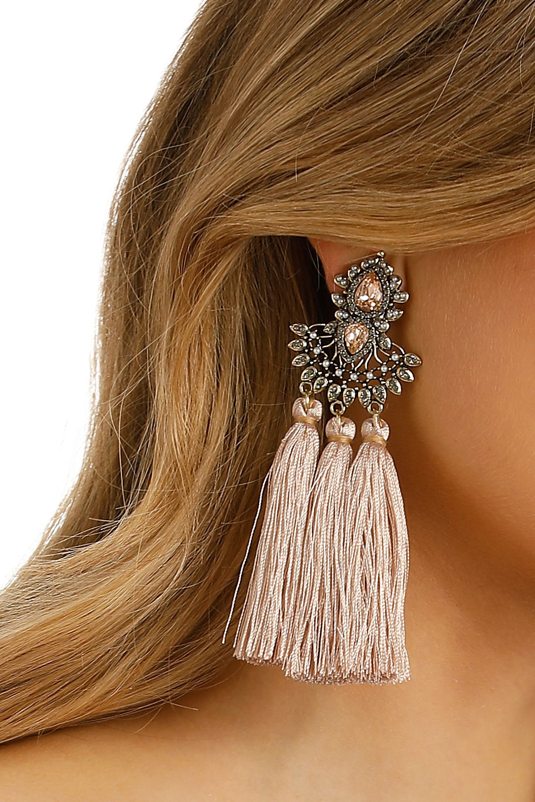 Adorne - Jewel Filigree Many Tassels Clip On Earring - Pink