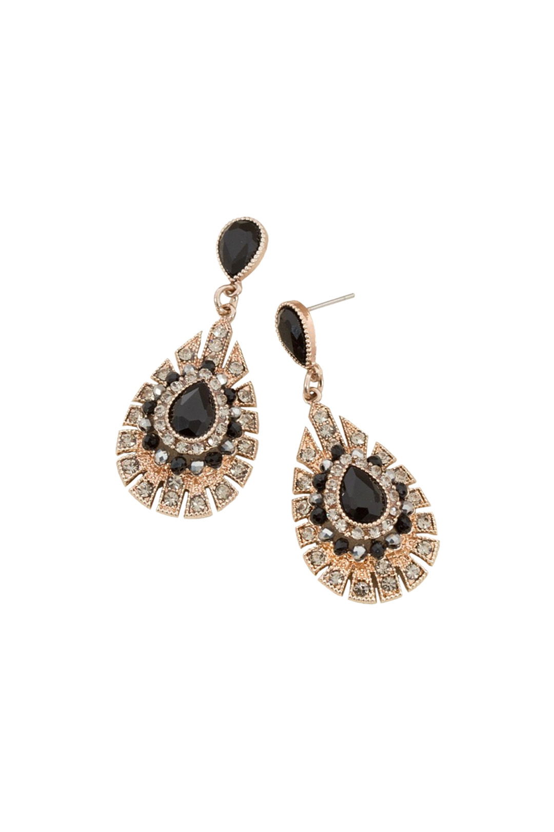 Adorne - Jewelled Teardrop Deco Metal Drop Earring - Silver Black - Front