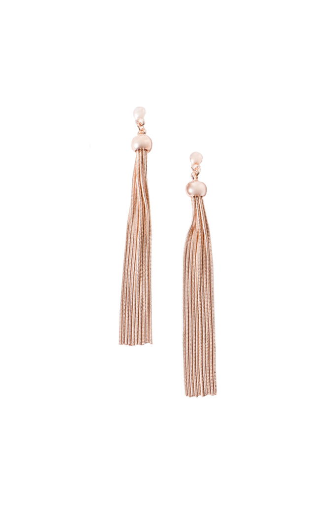 Adorne - Long Tassel Button Top Earring - Rose Gold - Front