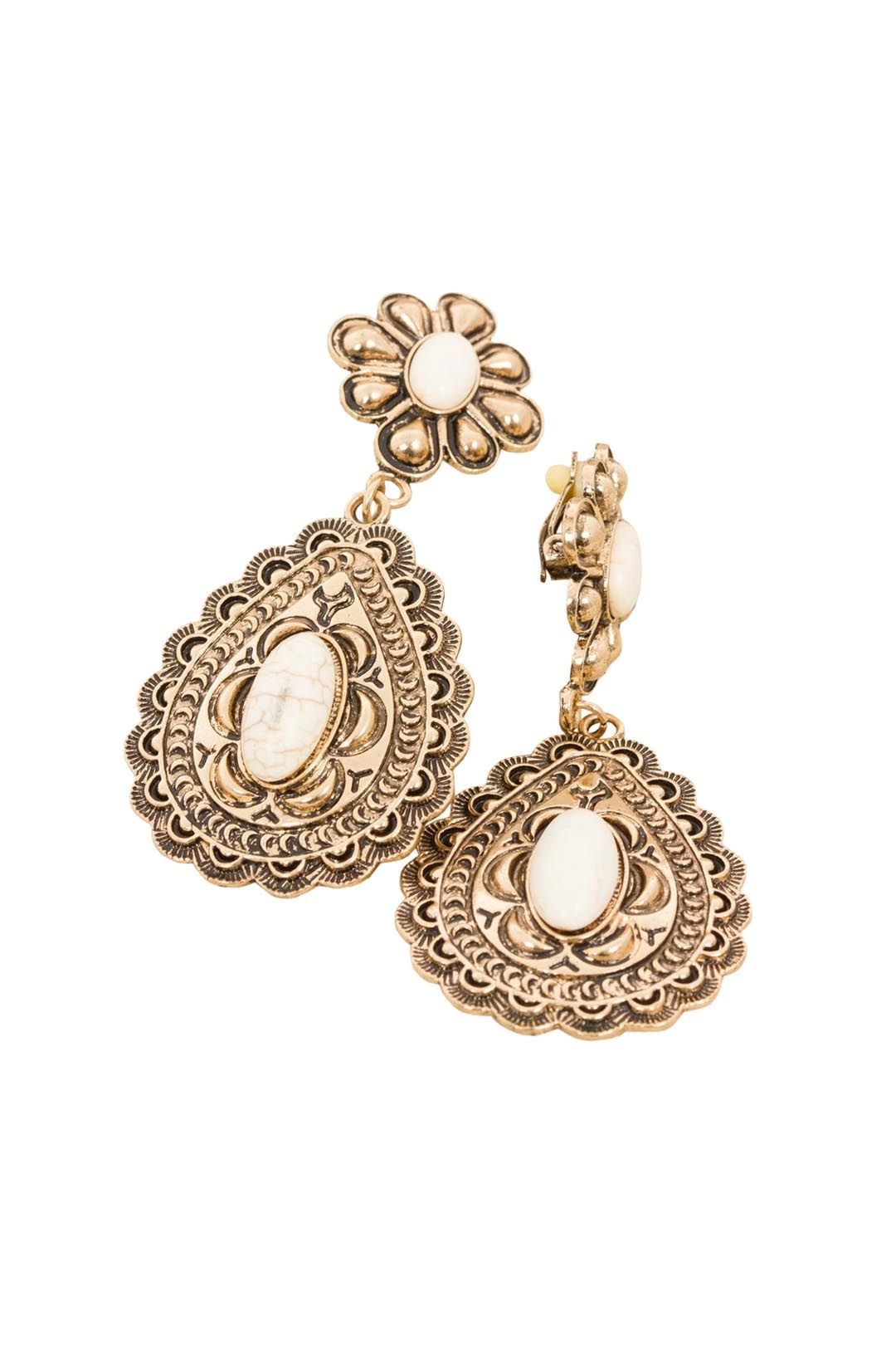 Adorne - Moroccan Flower & Teardrop Stone Clip On Earring - Gold - Front