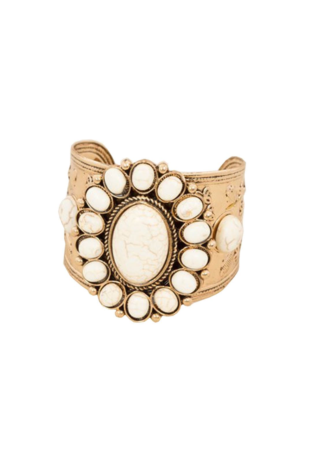 Adorne - Moroccan Stone Flower Metal Cuff - Gold - Front