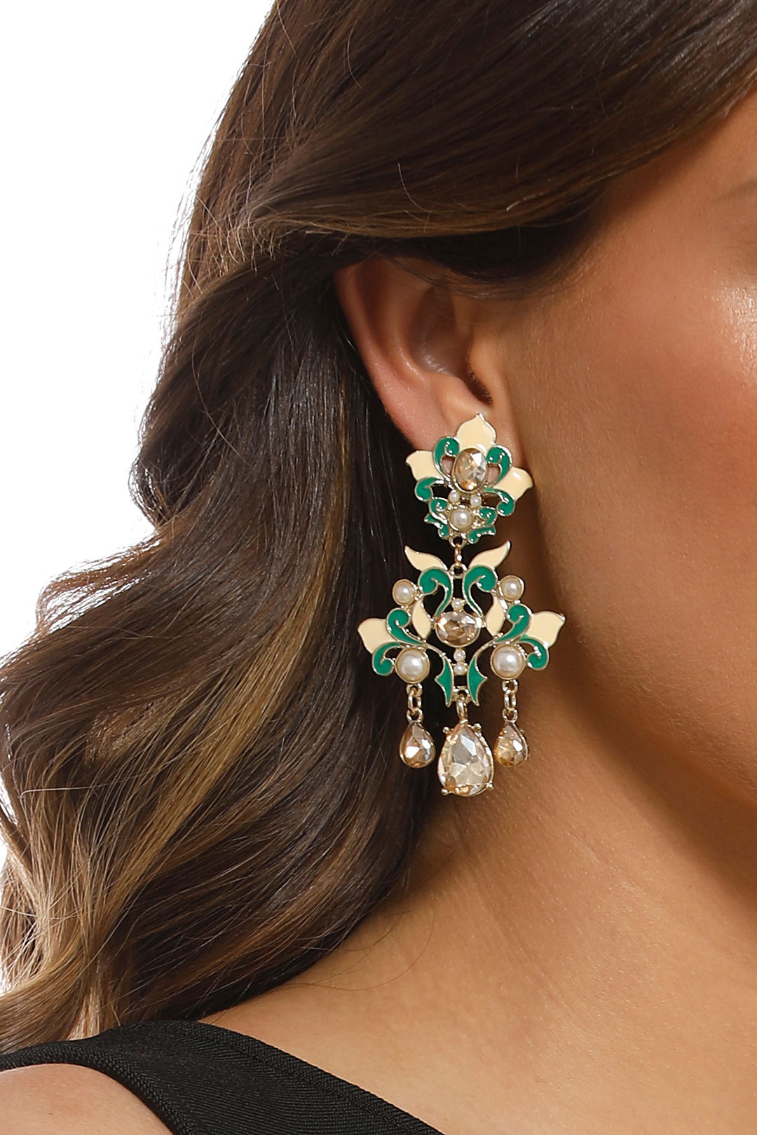 Adorne - Oriental Pearl Faceted Glass Clip On Earrings - Green Nude - Product