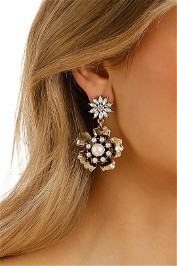 Adorne - Pearl Centre Metal Flower Drop Earrings - Crystal Gold - Front