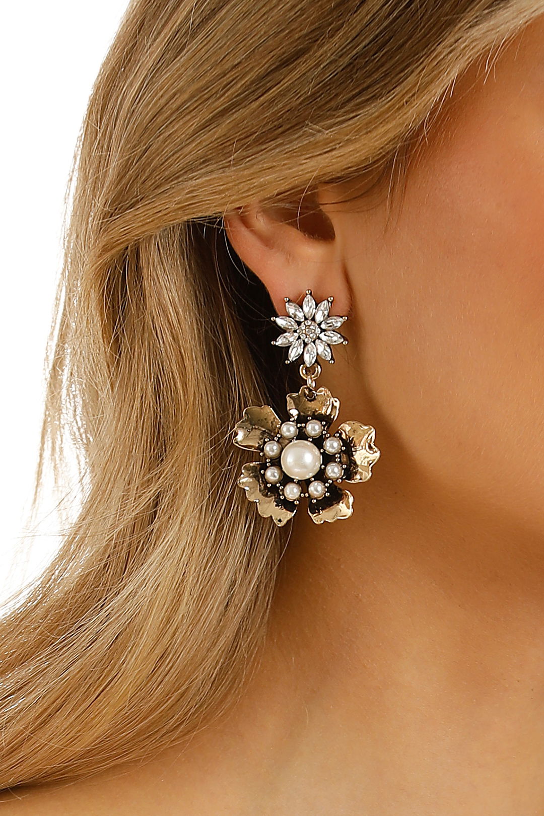 Adorne - Pearl Centre Metal Flower Drop Earrings - Crystal Gold - Front