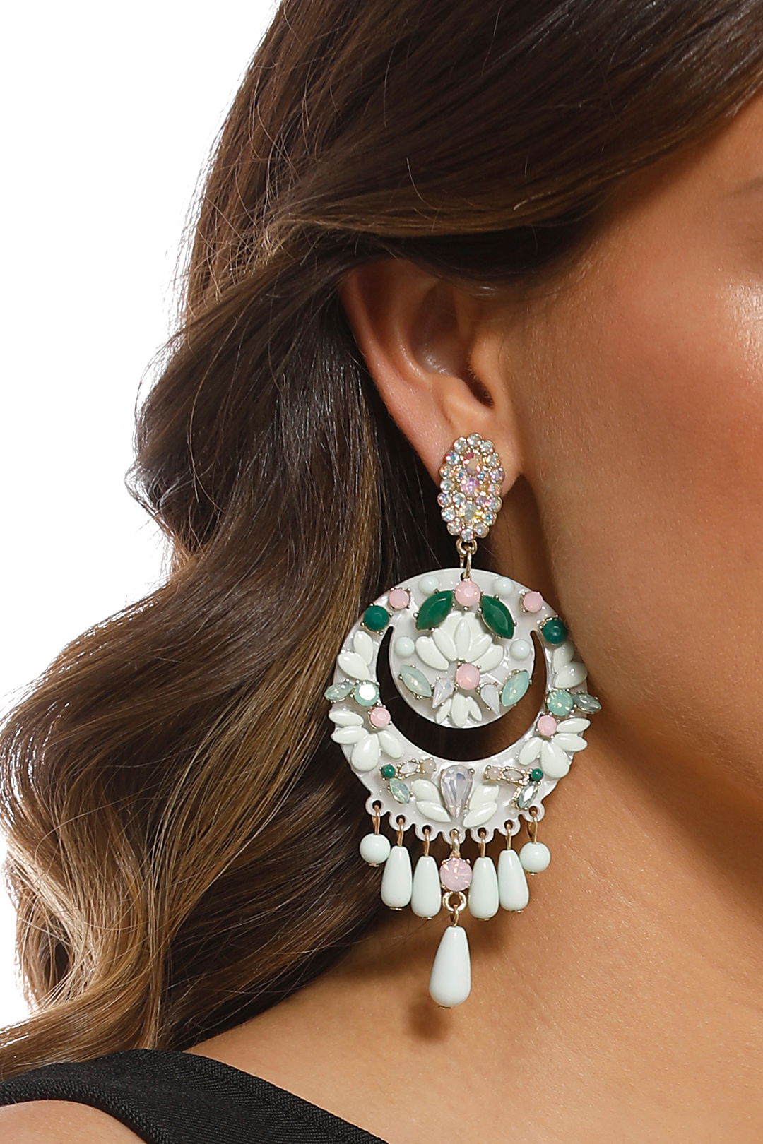 Adorne - Statement Resin & Faceted Glass Drop Earrings - Mint White - Product