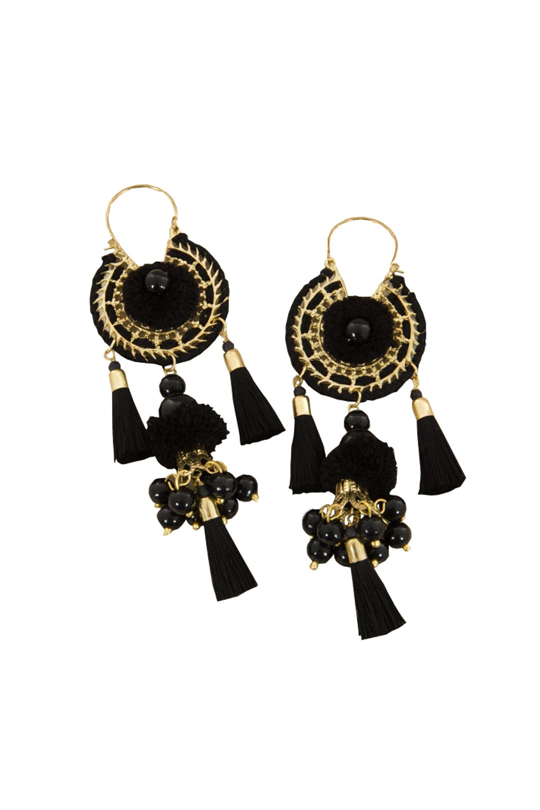 Adorne - Tiered Pom Pom & Pearl Tassel Earring - Black - Front