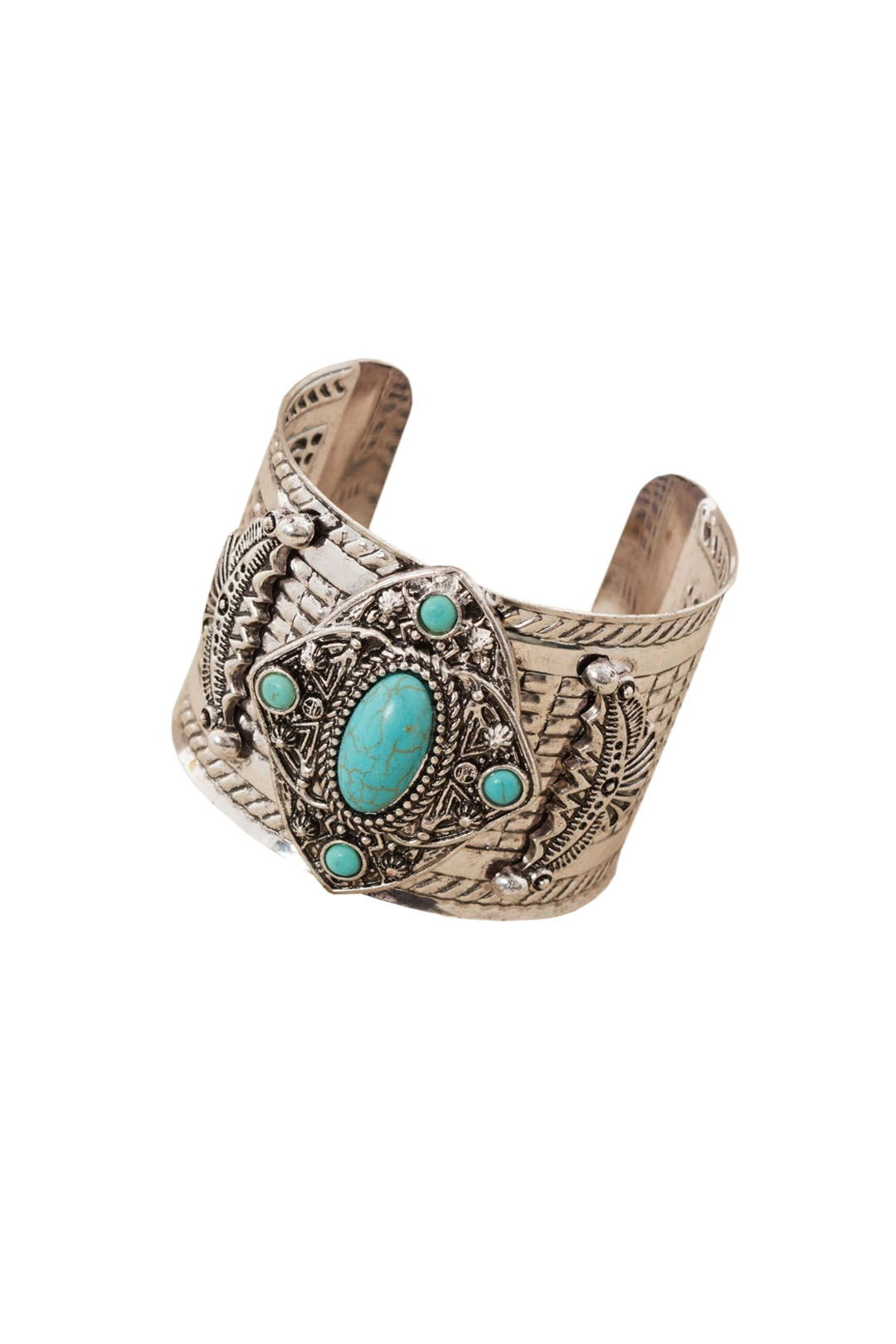 Adorne - Tribal Stone Pendant Brick Pattern Cuff - Silver - Front