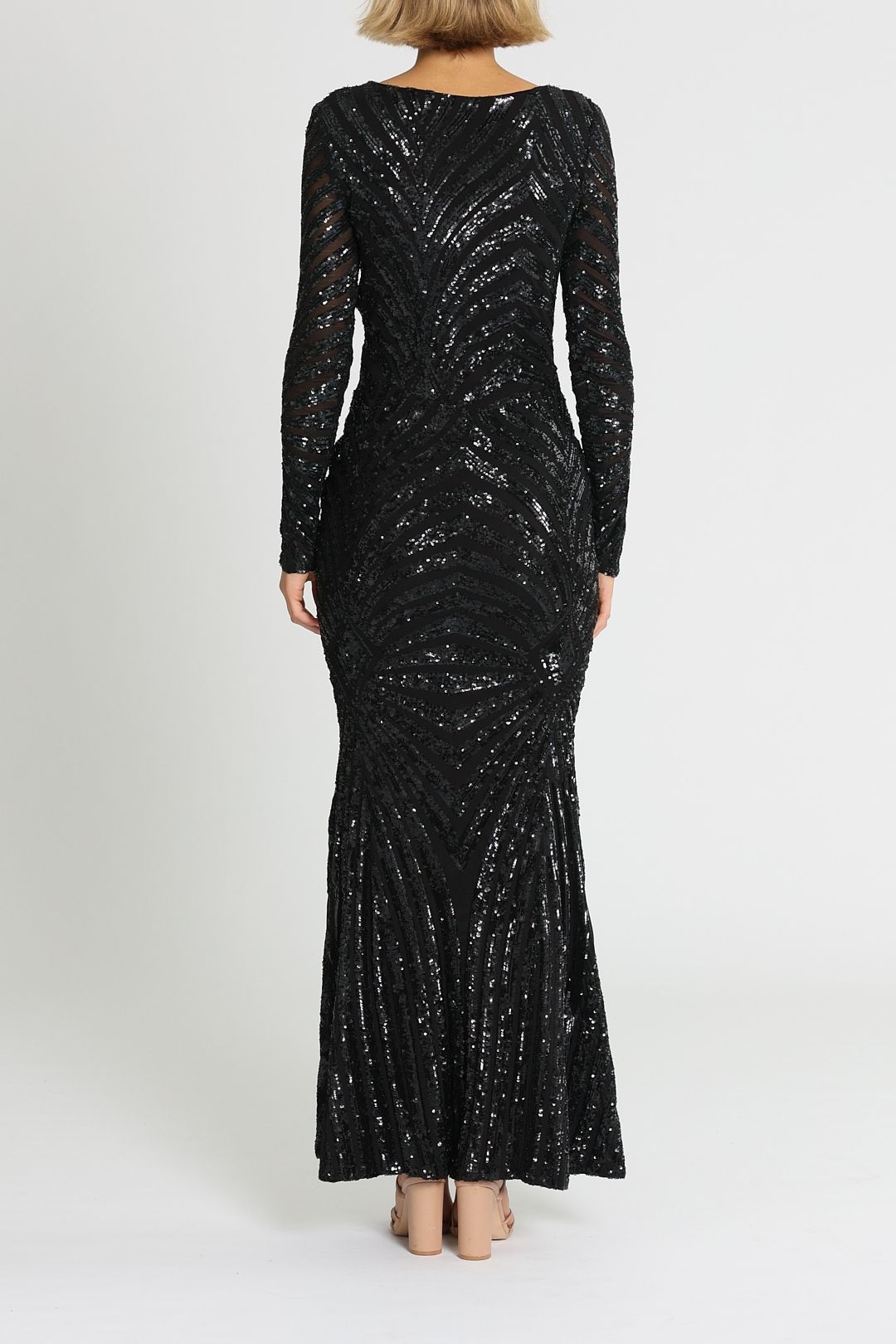 Ae'lkemi Art Deco Sequin Gown Black Long Sleeves