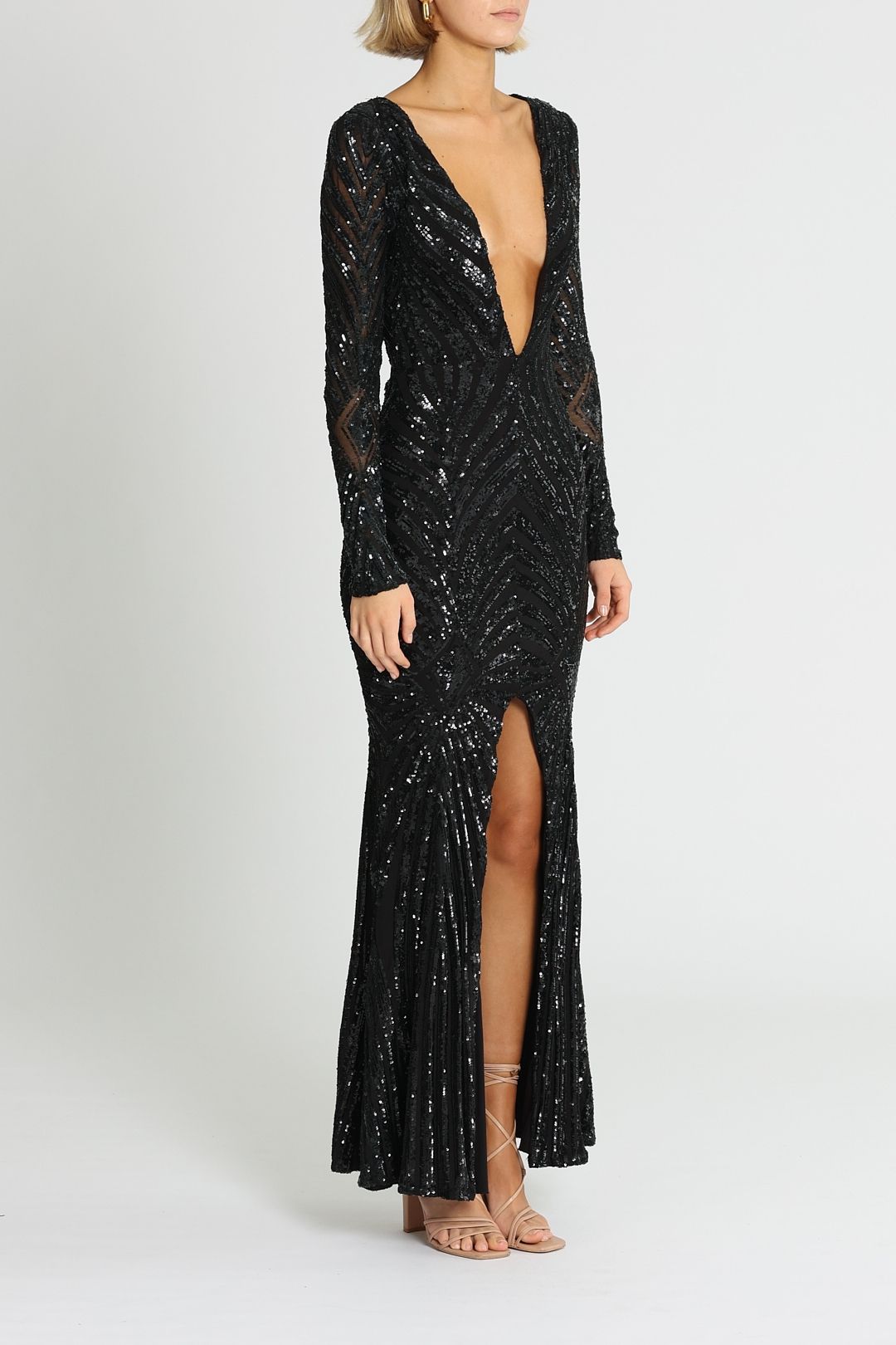 Ae'lkemi Art Deco Sequin Gown Black Plunge