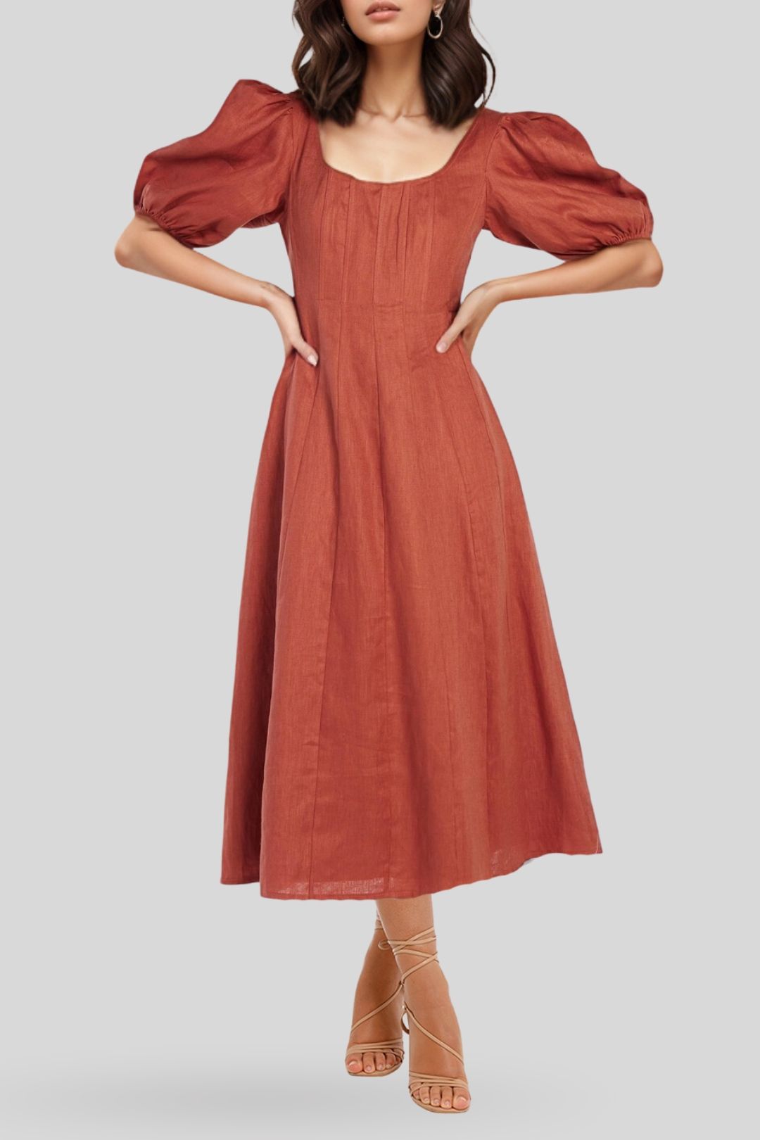 AERE Puff Sleeve Midi Dress Red