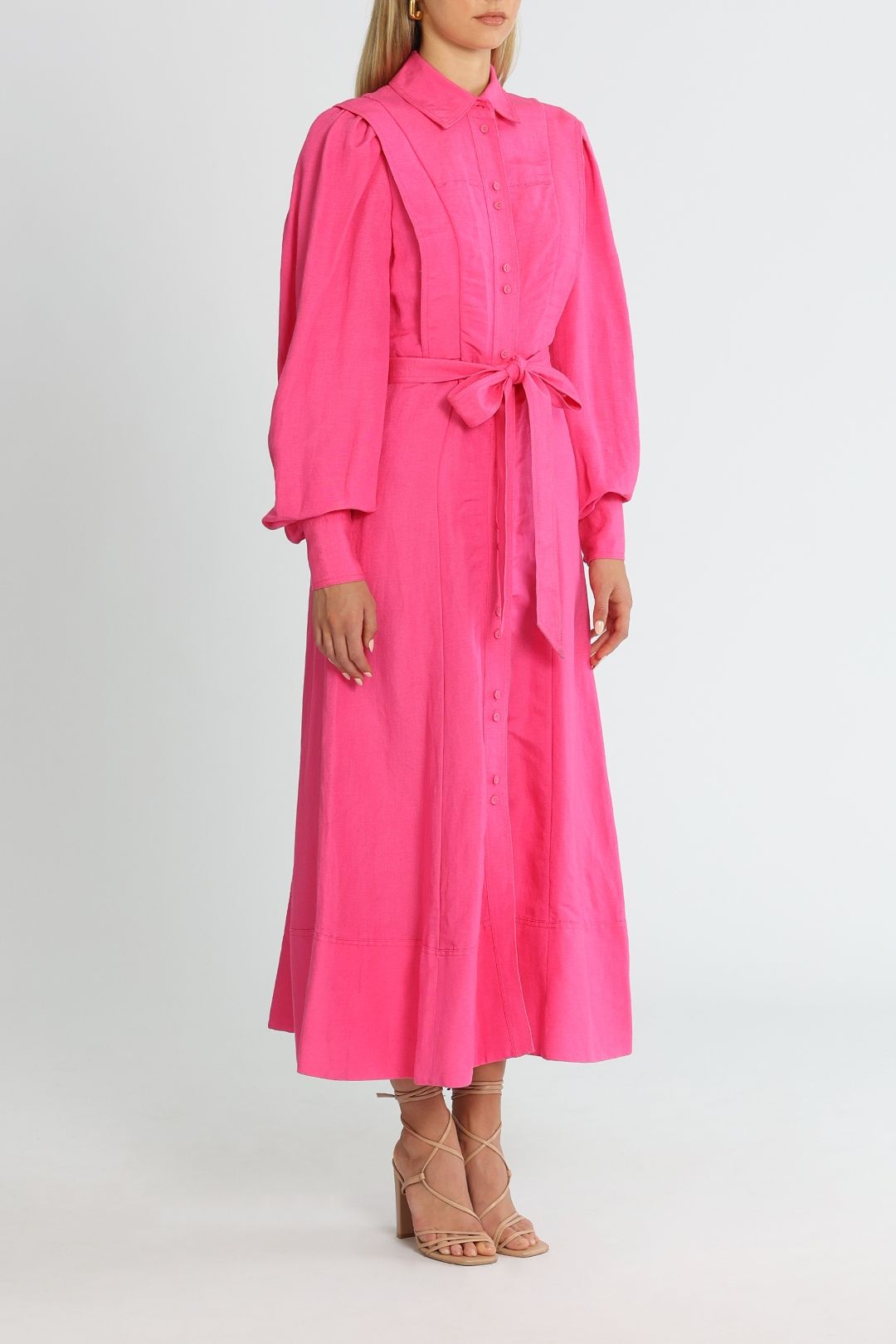 AJE Admiration Midi Shirt Dress Magenta Balloon Sleeves