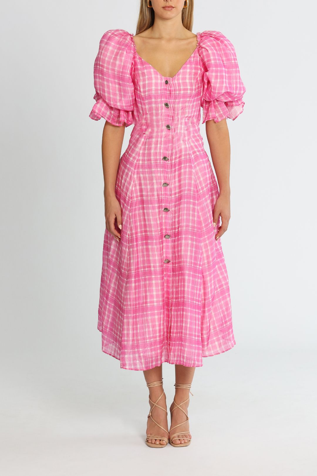 AJE Bungalow Puff Sleeve Dress Pink Check