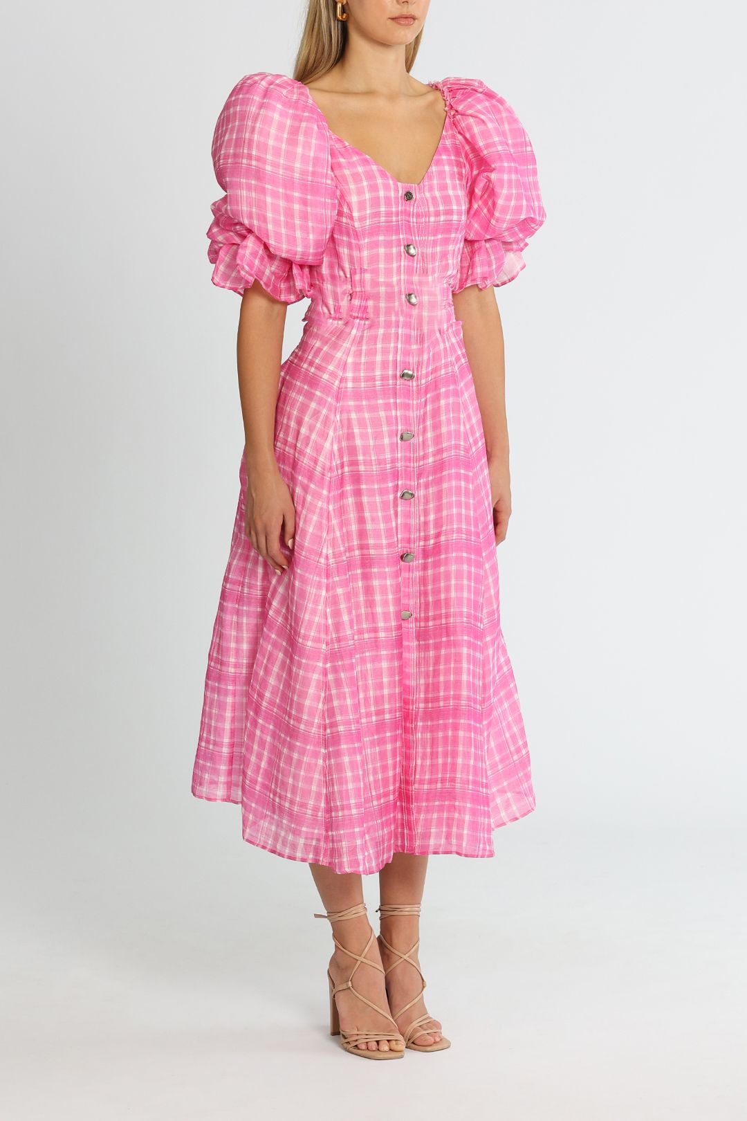 Hire Bungalow Puff Sleeve Dress in Pink Check | AJE | GlamCorner