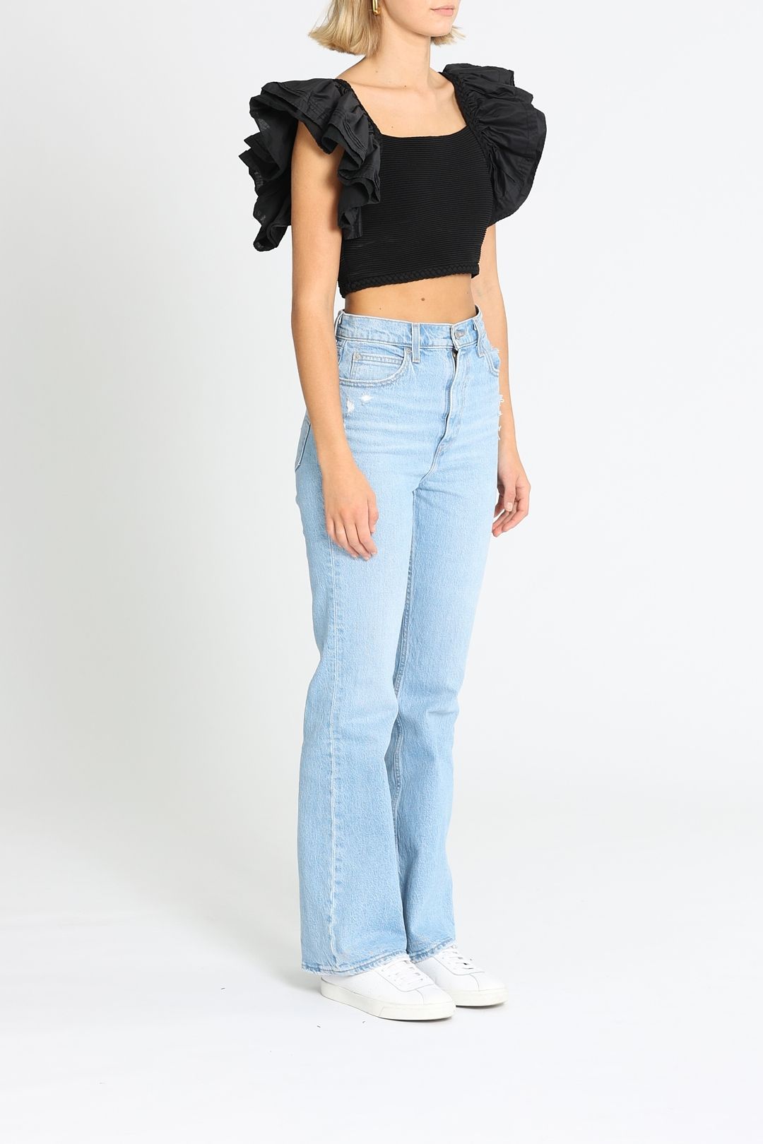 Aje Corinne Knit Bodice Crop Top Frill Sleeves