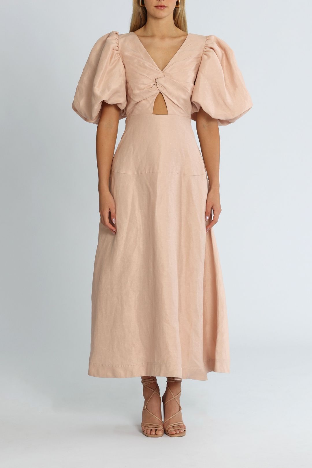 AJE Dusk Knot Puff Sleeve Midi Dress Blush
