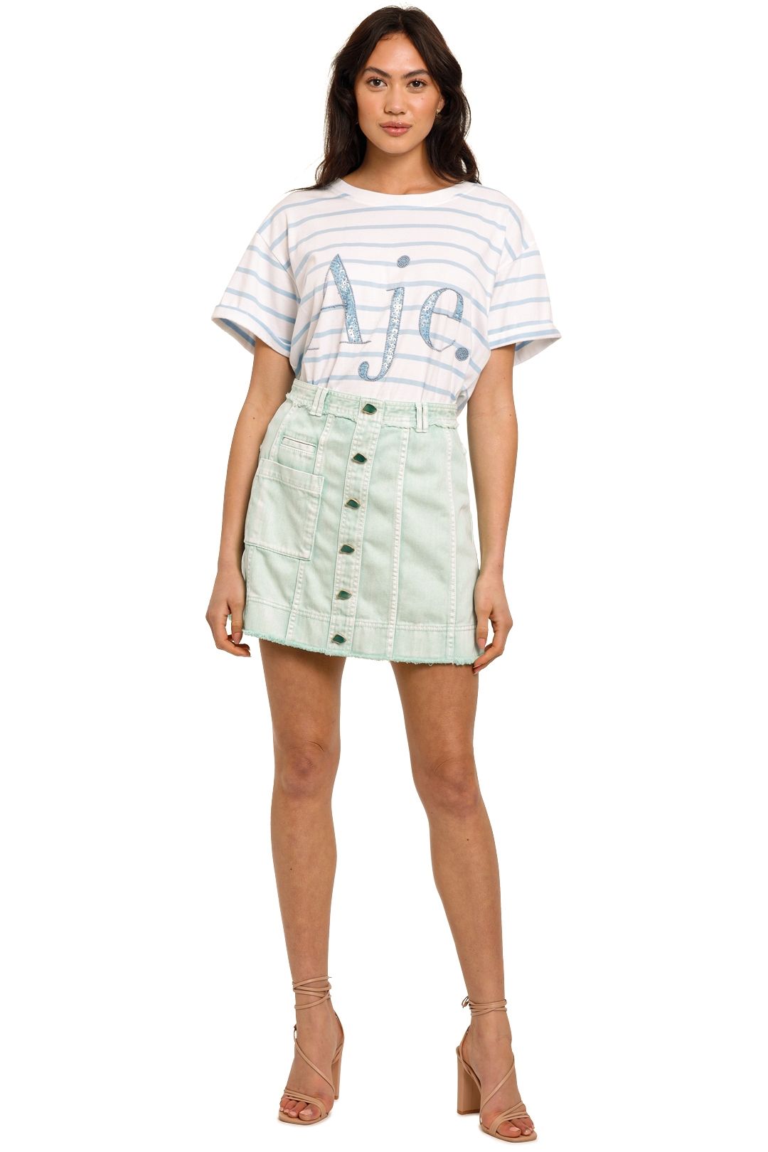 AJE Paperbark Stripe Cotton Logo T-Shirt white blue