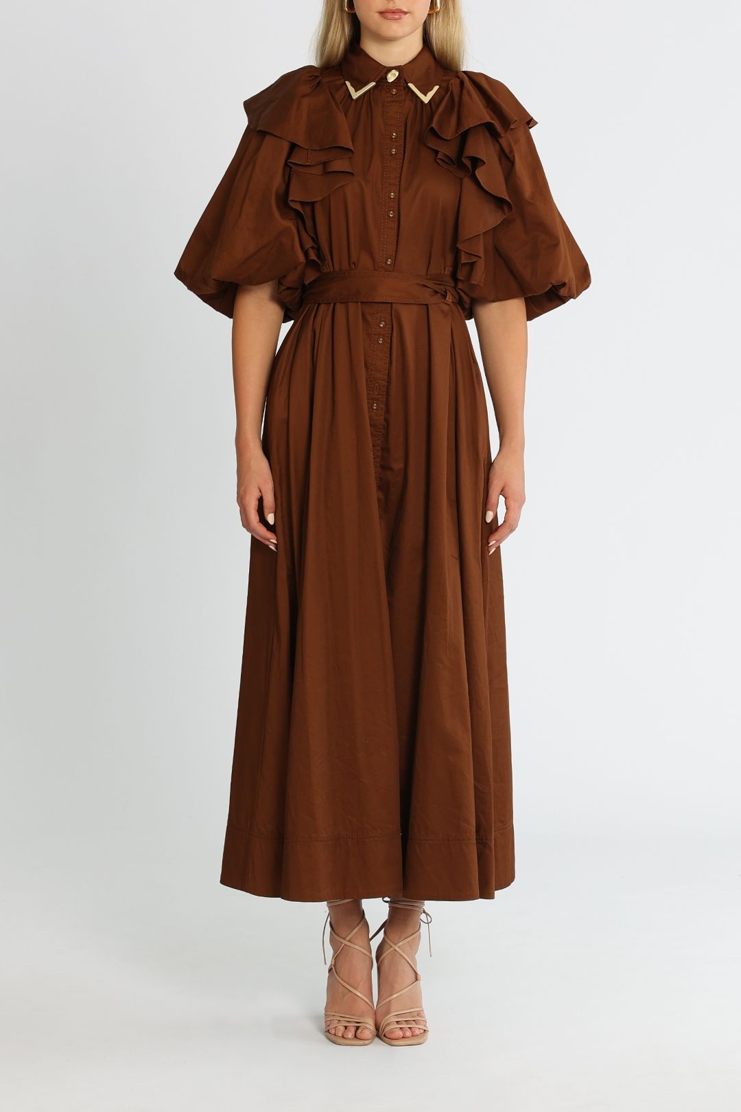 AJE Poised Frill Sleeve Midi Dress Coffee