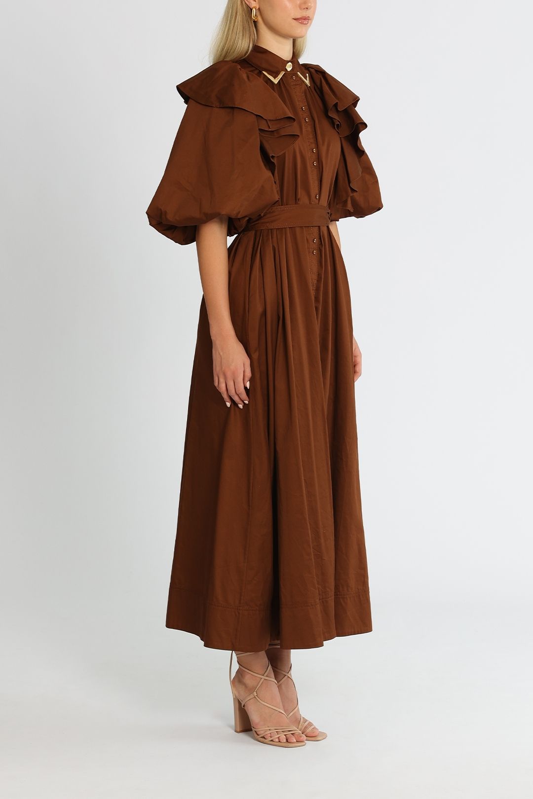 AJE Poised Frill Sleeve Midi Dress Coffee Belted