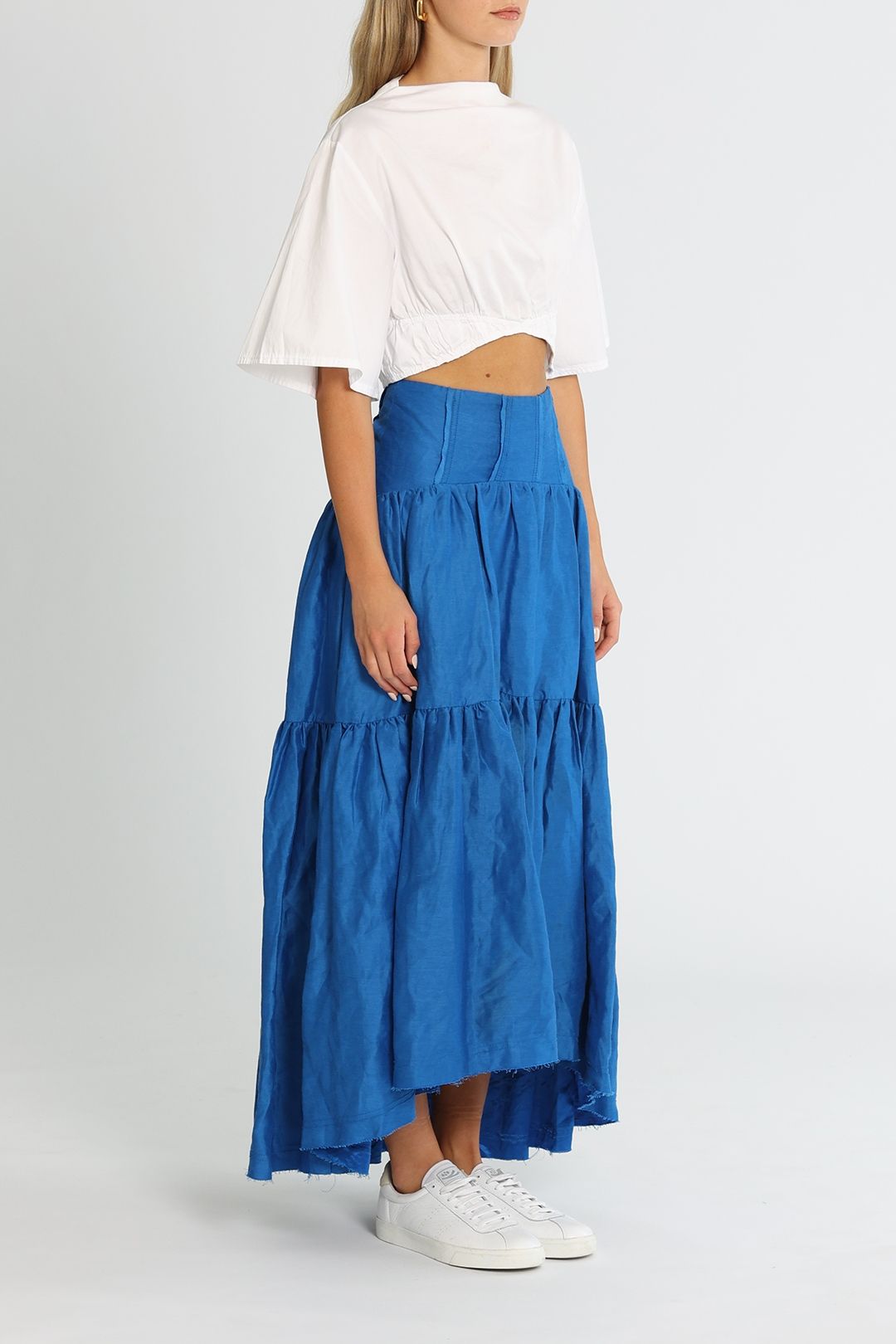 AJE Reverb Gathered Midi Skirt Cobalt Blue High Low