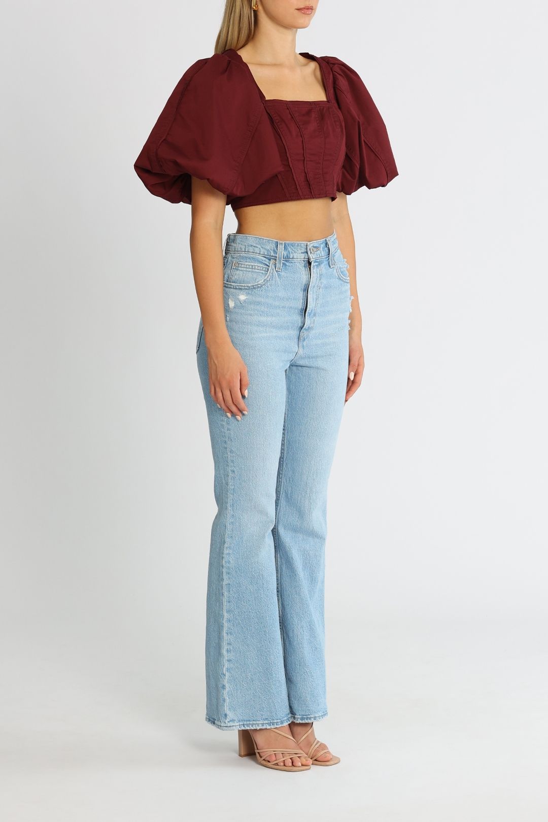 AJE Sylvia Cropped Top Chestnut Red Balloon Sleeves