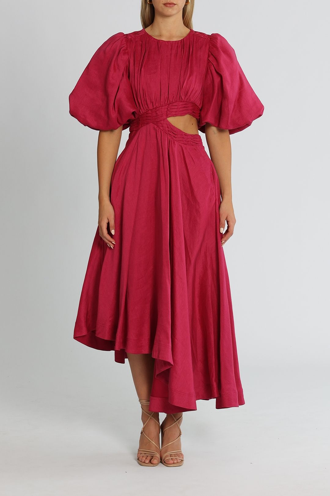 AJE Tidal Tucked Cut Out Midi Dress Fuchsia