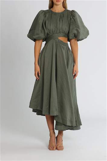 Hire Tidal Tucked Cut Out Midi Dress - Oakmoss | AJE | GlamCorner Hire Tidal Tucked Cut Out Midi Dress - Oakmoss | AJE | GlamCorner