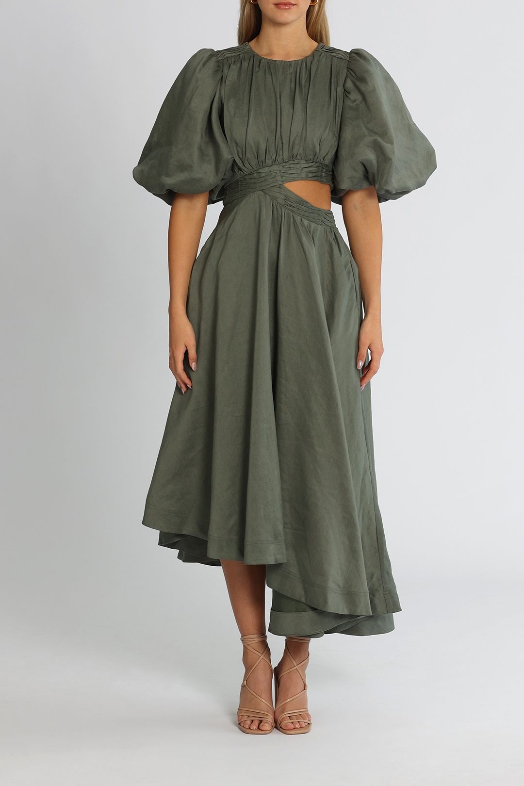 AJE Tidal Tucked Cut Out Midi Dress Oakmoss