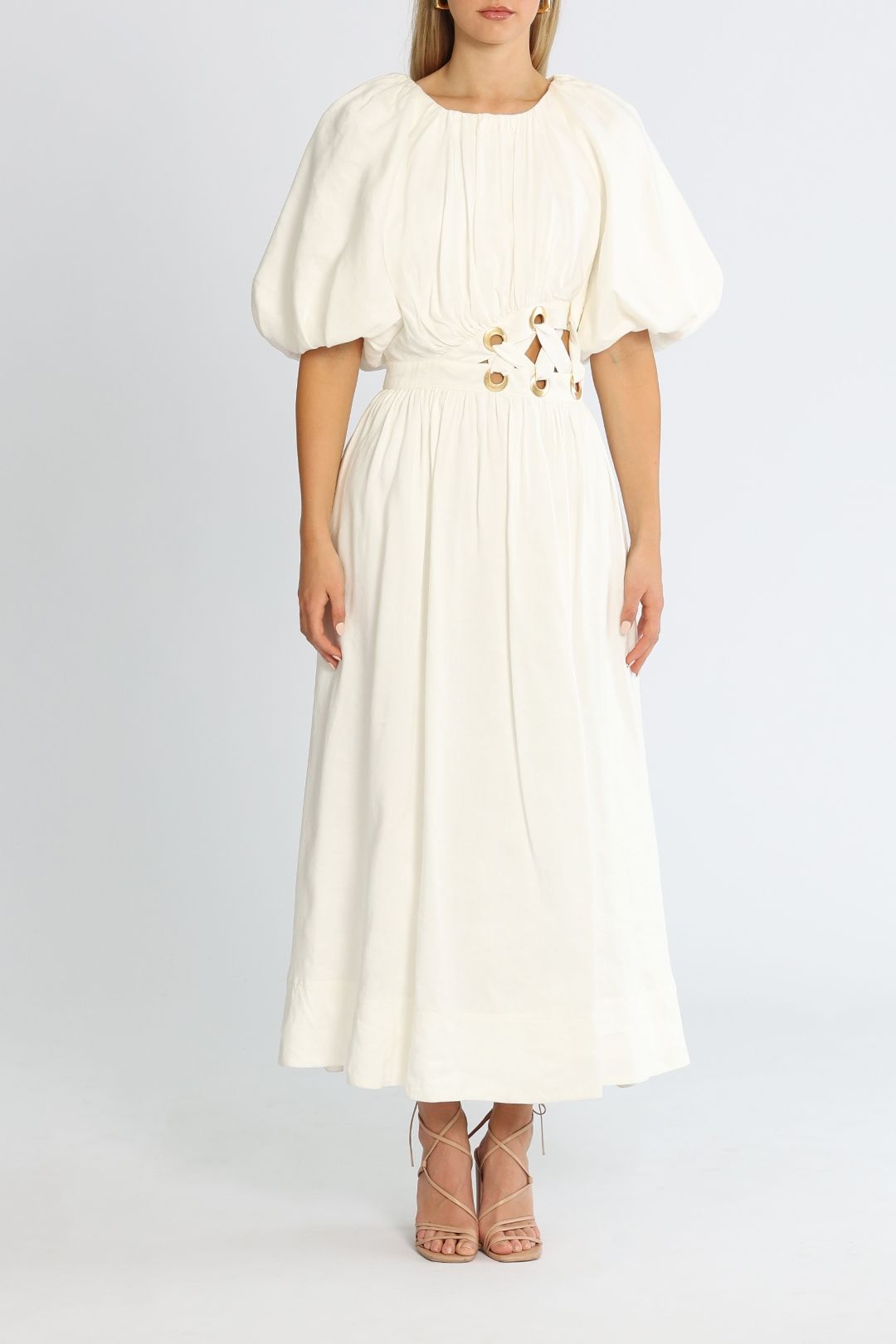 aje asymmetric dress Hire Virtuous Midi in Ivory | Long Prom Dress: Dancing Season_Spring Summer Wear Zip at side Size:XL